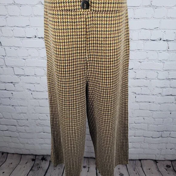 Zara Trafaluc Brown Yellow Houndstooth Square Neck Wide Leg Cropped Jumper Small - Picture 5 of 11